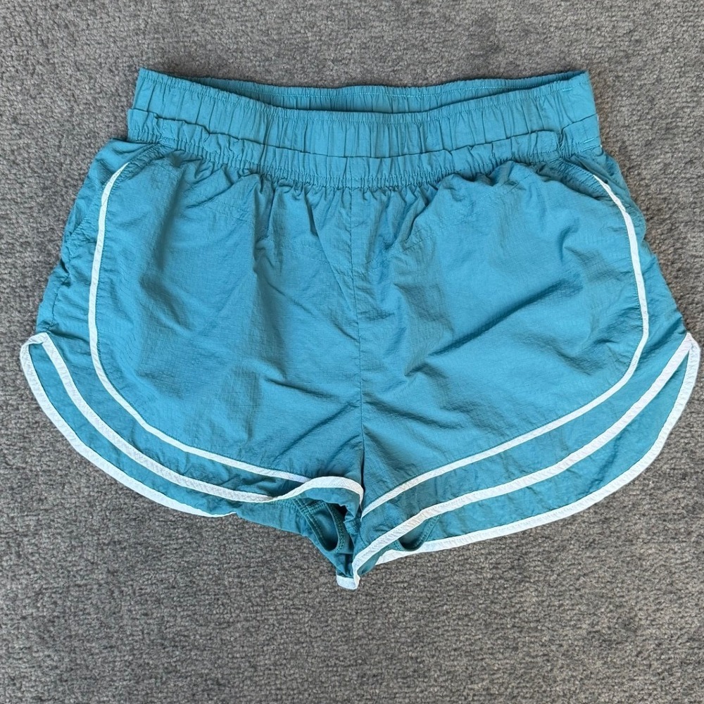 JoyLab Teal Blue Nylon Ripstop Running Shorts White Piping Small 17730